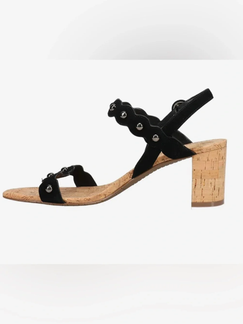 Vaneli Black Suede: Cork Heel Mavis Studded Sling Back Sandals: 8.5